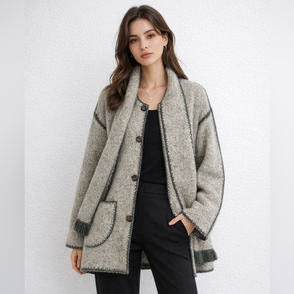 Kety Psara Sweaters - Kety Psara Gray Wool Knit Coat Reversible Handmade Greece Artisan Jacket Boho S